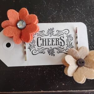 2 orange and brown flower silver bobby pins